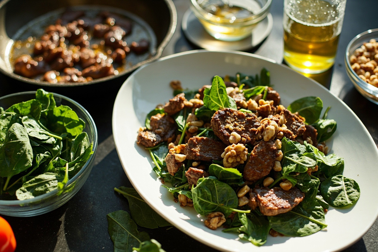 Пошаговый рецепт салата с говядиной, шпинатом и орехами.