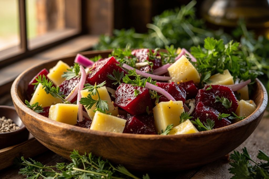 Пошаговый рецепт салата с картофелем, свеклой и зеленью.