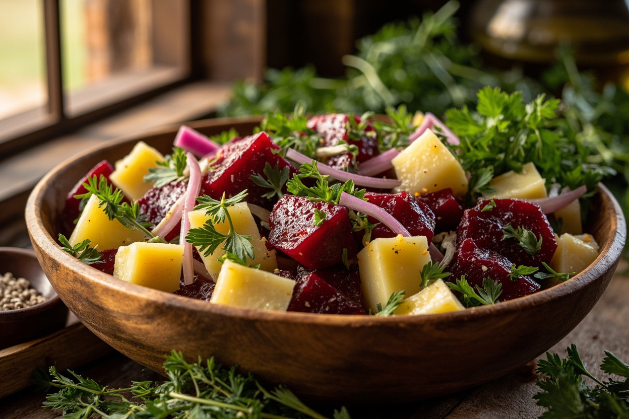Пошаговый рецепт салата с картофелем, свеклой и зеленью.