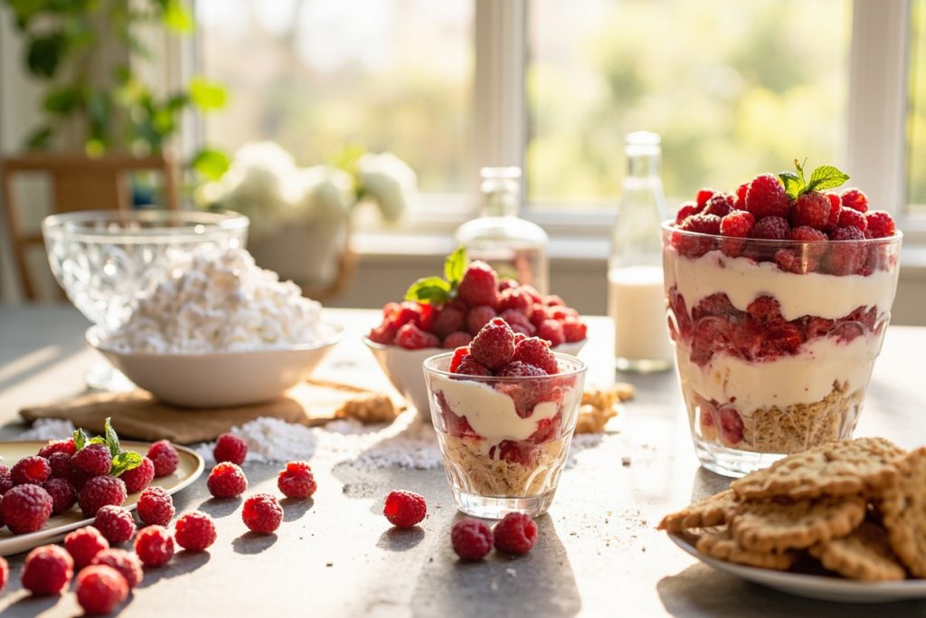Пошаговый рецепт Кремового десерта с малиной и печеньем.