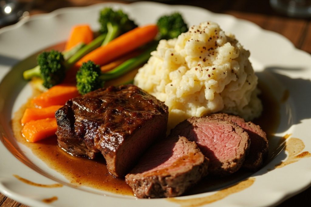 Говядина с картофельным пюре и овощами: пошаговое руководство.