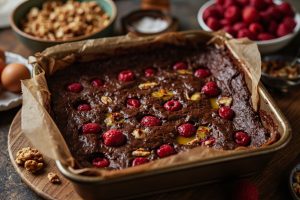 Пошаговый рецепт Брауни с орехами и малиной.