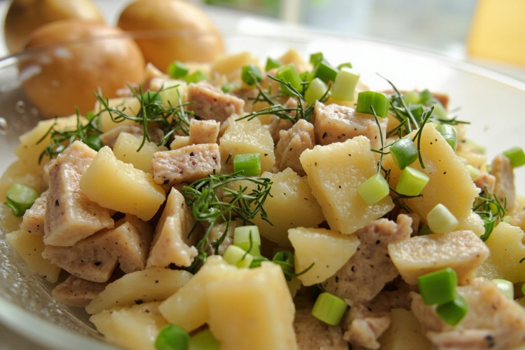 Пошаговый рецепт салата с картофелем, тунцом и зелёным луком.
