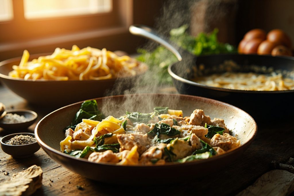 Паста с курицей и шпинатом в сливочном соусе: пошаговый рецепт.