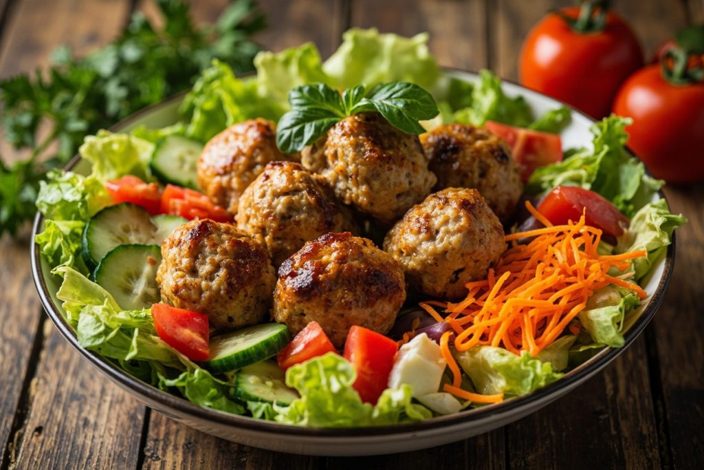 Пошаговый рецепт салата с куриными фрикадельками и овощами.