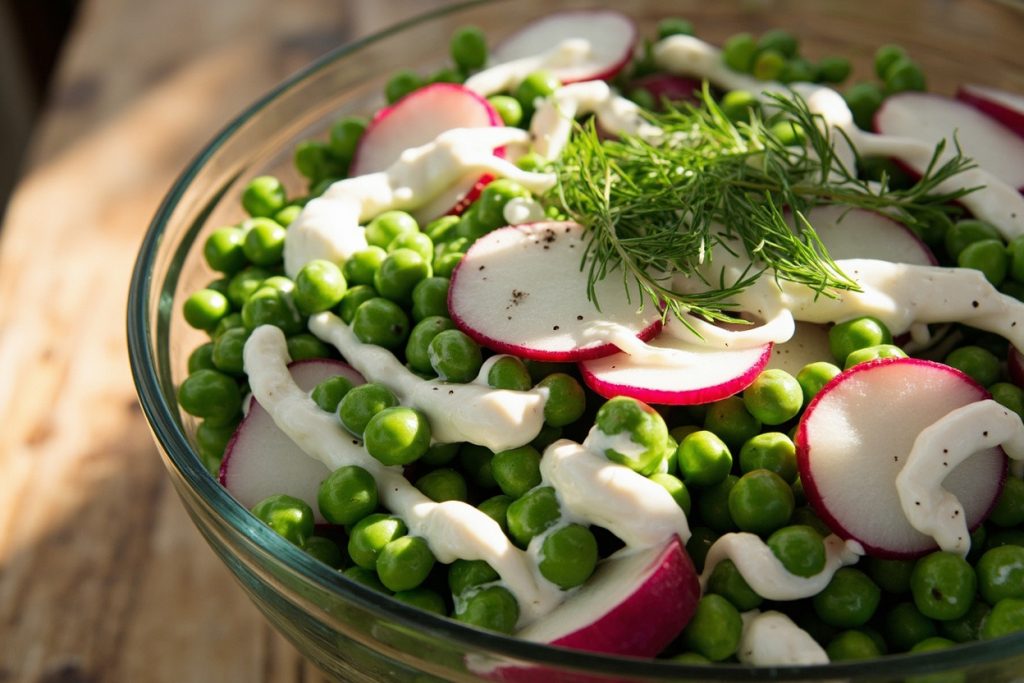 Пошаговый рецепт салата с горохом, редиской и творожным соусом.