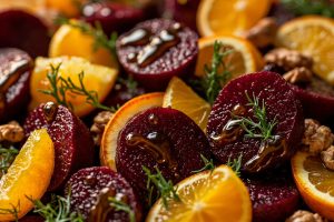 Пошаговый рецепт салата с свеклой, апельсинами и орехами.