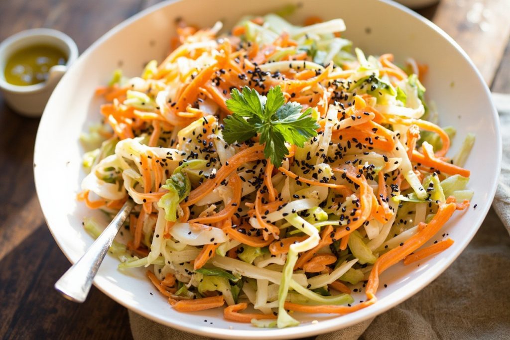 Пошаговый рецепт салата с капустой, морковью и кунжутом.