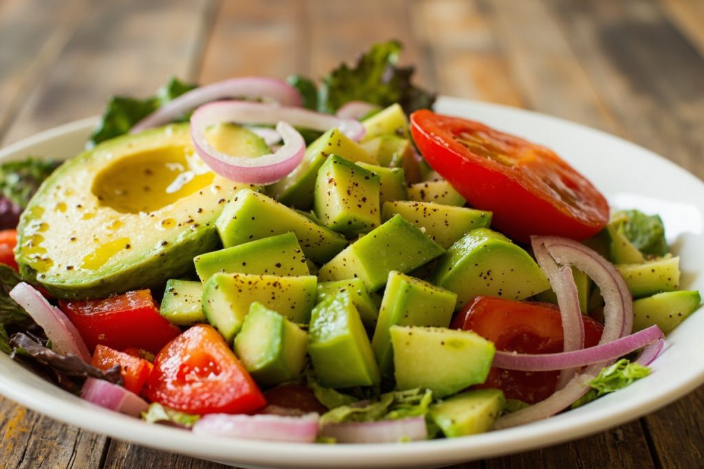 Пошаговый рецепт салата с авокадо и свежими овощами.