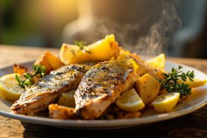 Печеная рыба с картофельным гарниром и лимоном: пошаговое руководство.
