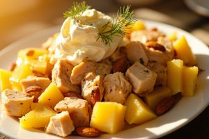 Пошаговый рецепт салата с ананасами, курицей и миндалем.