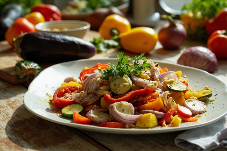 Пошаговый рецепт салата с жареными овощами и соусом тахини.