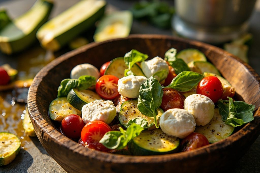 Пошаговый рецепт салата с печеными кабачками и моцареллой.