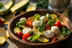 Пошаговый рецепт салата с печеными кабачками и моцареллой.