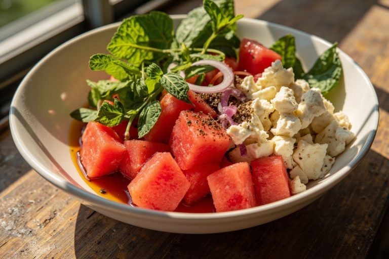 Пошаговый рецепт салата с арбузом, фетой и мятой.