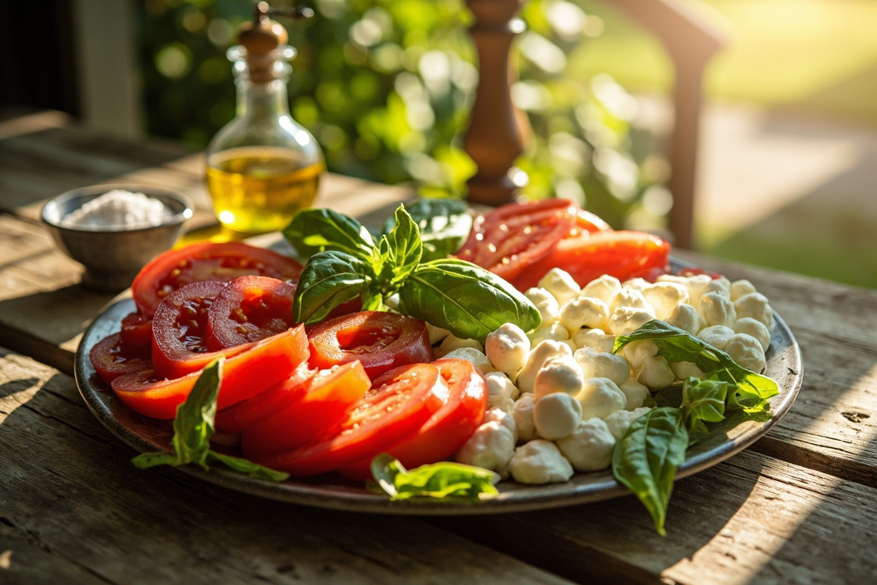 Пошаговый рецепт салата с помидорами, моцареллой и базиликом.