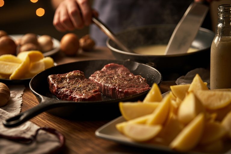 Говяжьи стейки с грибным соусом и картофельными дольками: пошаговый рецепт.