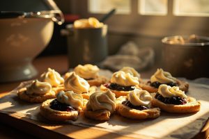 Пошаговый рецепт Пирожных с черничной начинкой и ванильным кремом.