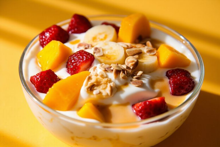 Пошаговый рецепт Нежного десерта с йогуртом и фруктами.