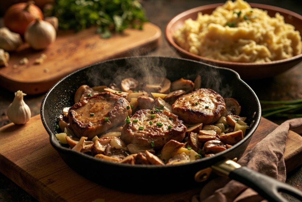 Свинина с грибами и картофельным пюре: пошаговый рецепт.