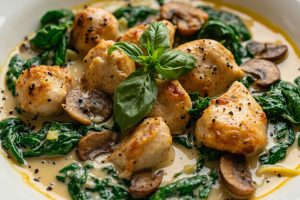 Курица с грибами и шпинатом в сливочном соусе: пошаговое руководство.