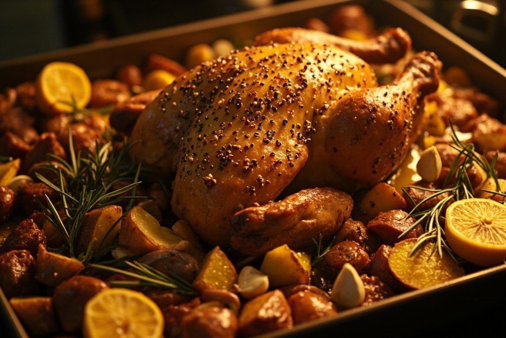 Курица, запеченная с картошкой и розмарином: пошаговый рецепт.