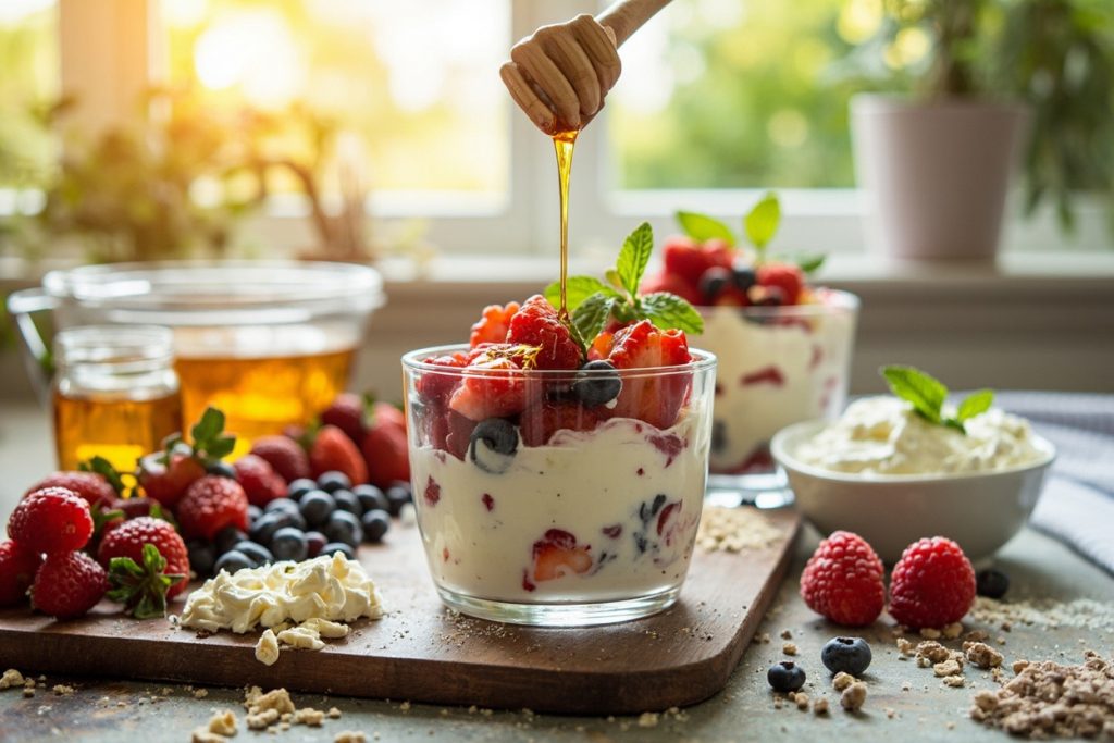 Пошаговый рецепт Творожного десерта с ягодами и медом.