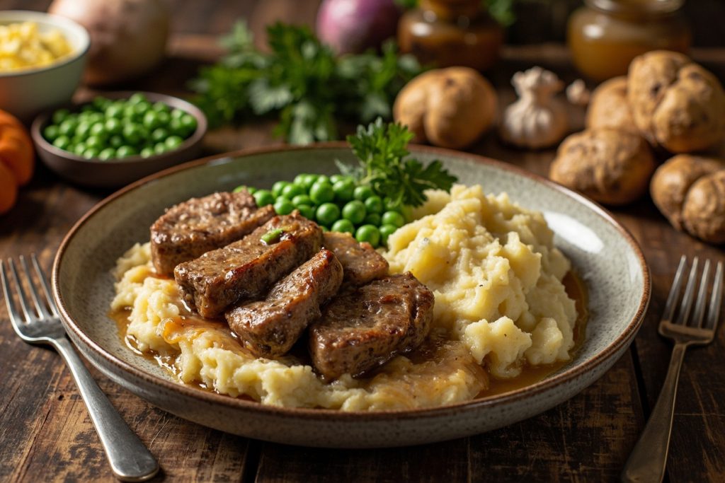Телятина с картофельным пюре и зеленым горошком: пошаговое руководство.