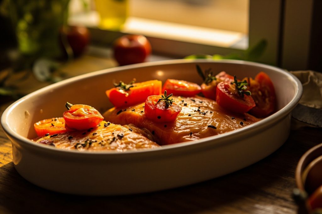 Рыба, запеченная с помидорами и оливковым маслом: пошаговый рецепт.