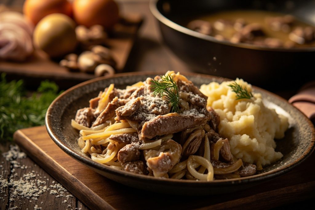 Бефстроганов из говядины с пюре: пошаговый рецепт.