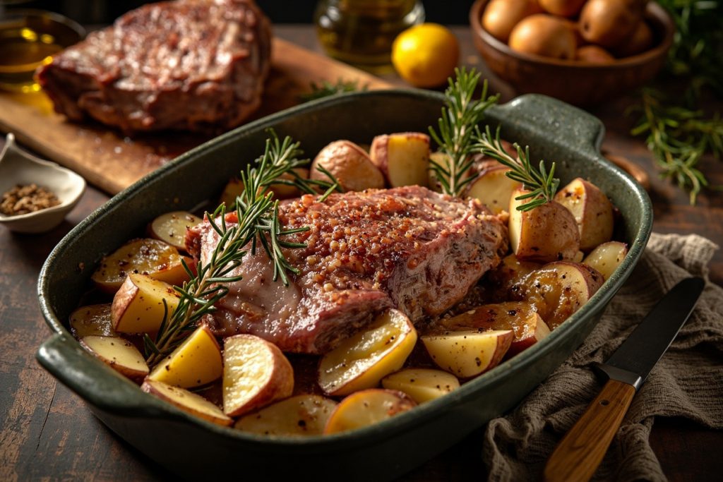 Печеная свинина с картофелем и розмарином: пошаговый рецепт.