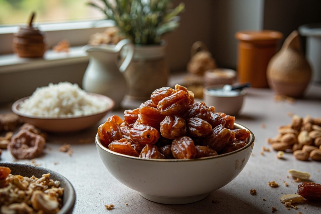 Пошаговый рецепт Кокосовых конфет с финиками и миндалем.
