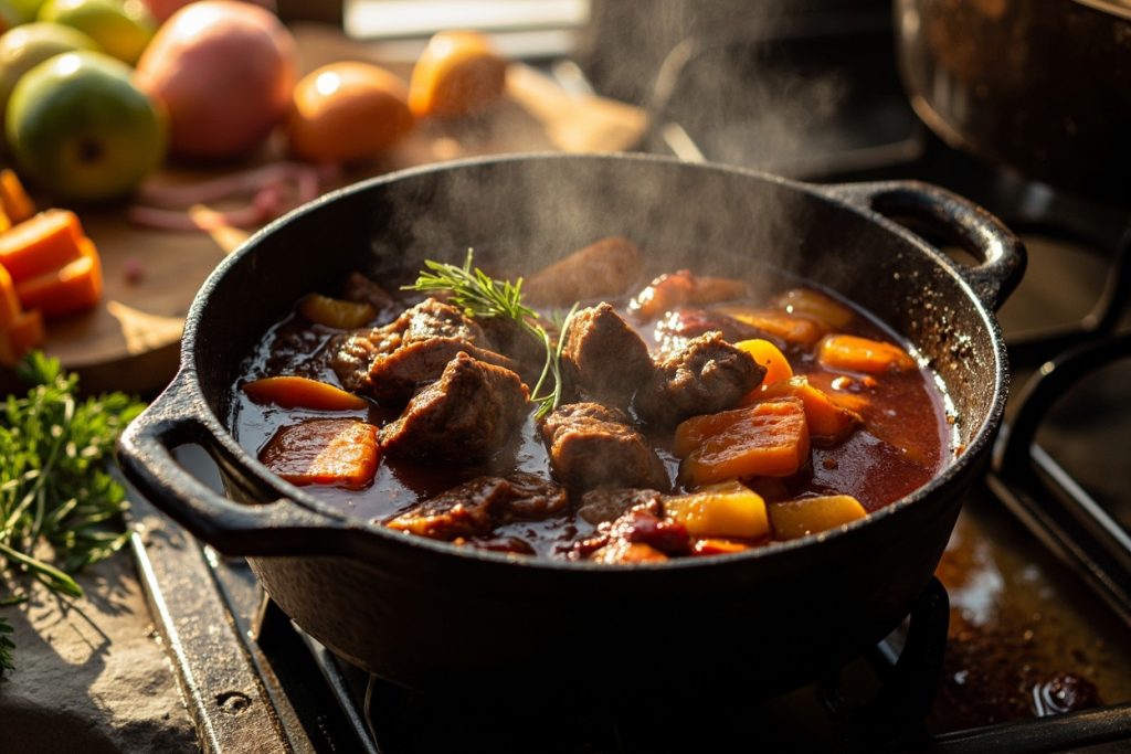 Говядина, тушеная с красным вином и овощами: пошаговый рецепт.