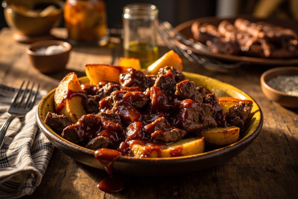 Говядина с картофельными дольками в соусе BBQ: пошаговый рецепт.