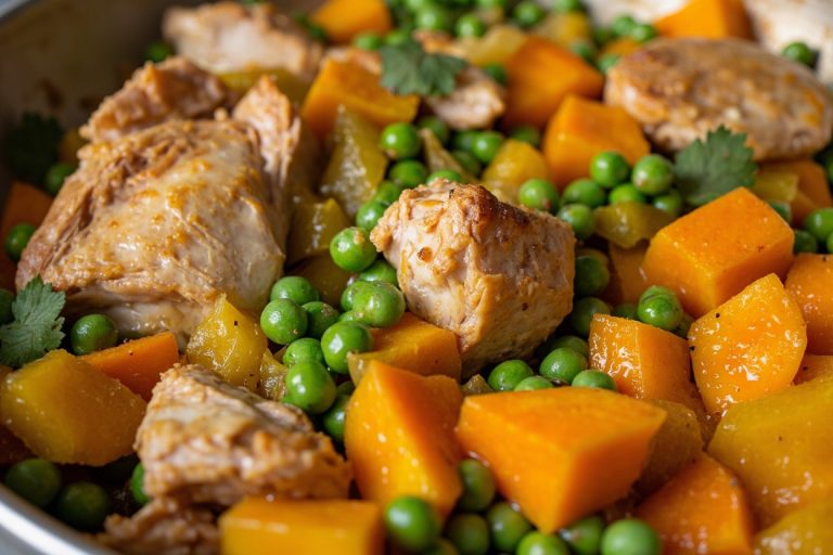 Тушеная индейка с тыквой и зелёным горошком: пошаговый рецепт.