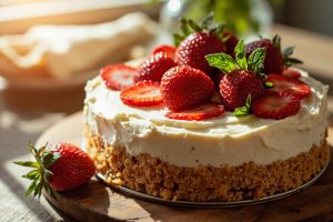 Пошаговый рецепт Клубничного чизкейка с печеньем и сливками.