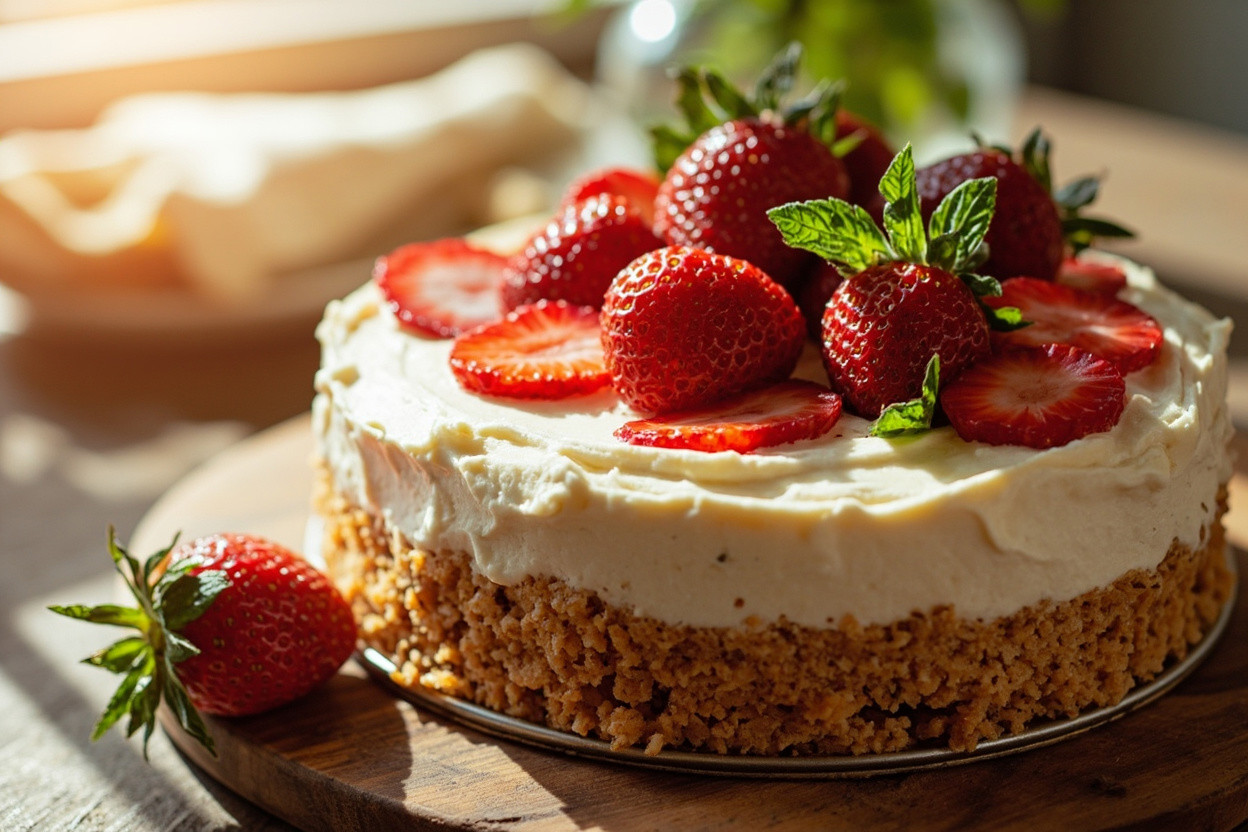 Пошаговый рецепт Клубничного чизкейка с печеньем и сливками.