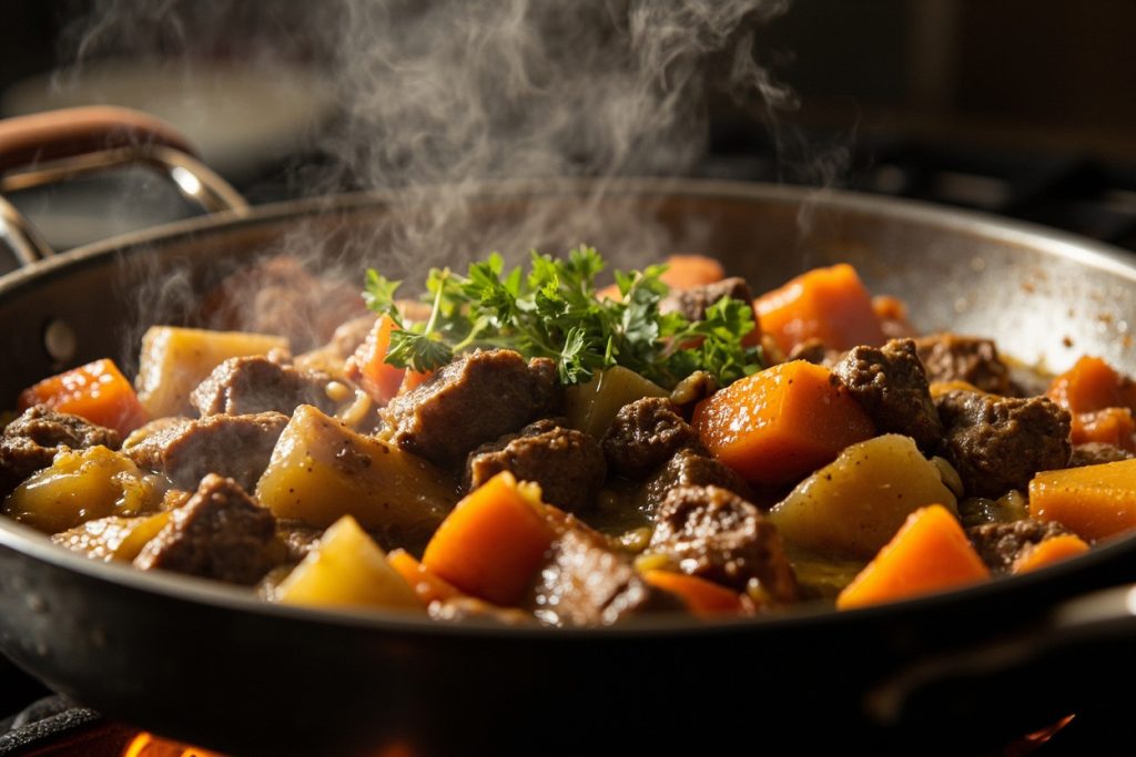 Говядина с картофелем и морковью в горчичном соусе: пошаговый рецепт.