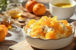 Пошаговый рецепт Творожного десерта с апельсинами и медом.