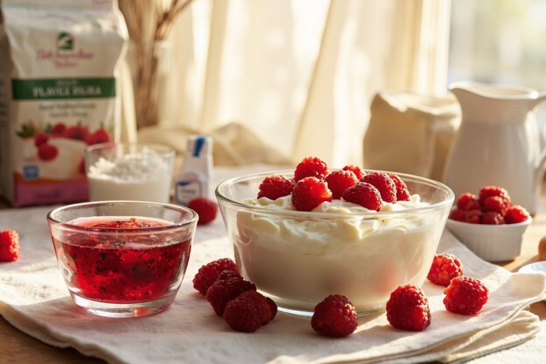 Пошаговый рецепт Творожного десерта с малиновым соусом.