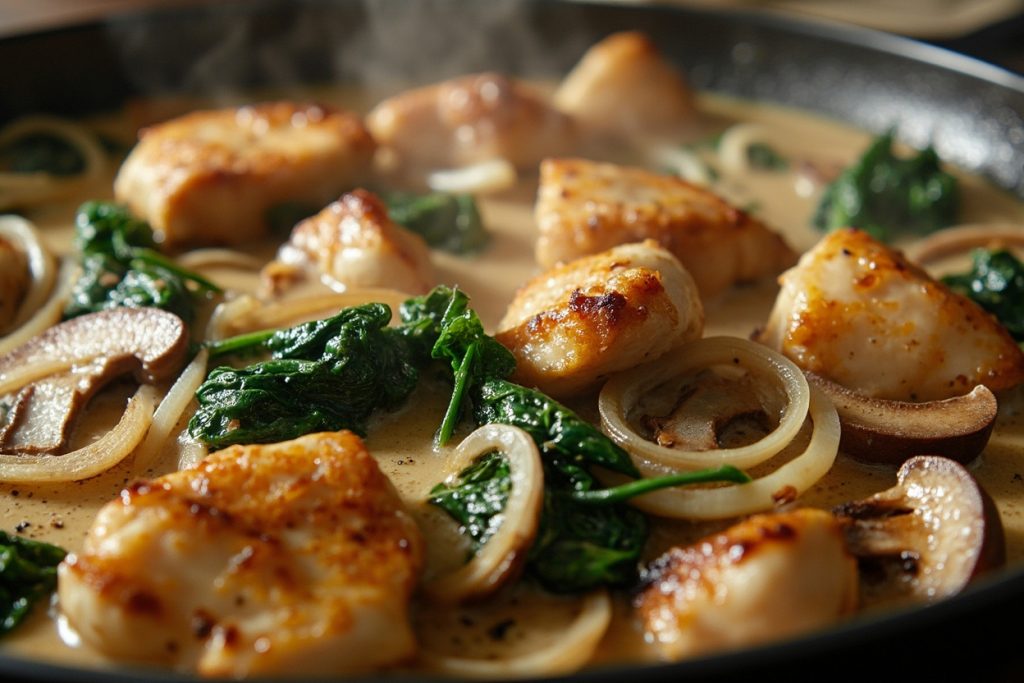 Курица с грибами и шпинатом в сливочном соусе: пошаговый рецепт.