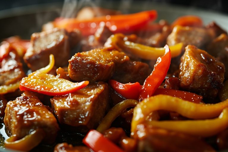 Свинина с перцем и ананасами в сладком соусе: пошаговое руководство.