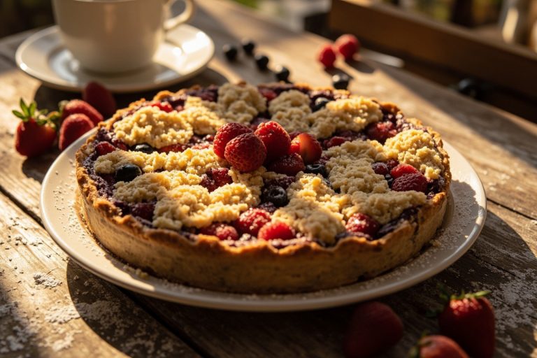 Пошаговый рецепт Насыпного пирога с ягодами и творогом.