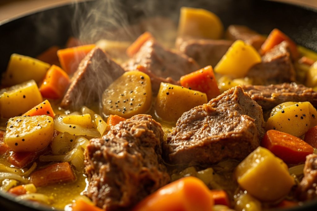 Мясо с картошкой и морковью в горчичном соусе: пошаговый рецепт.