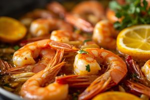 Креветки в лимонном соусе с чесноком