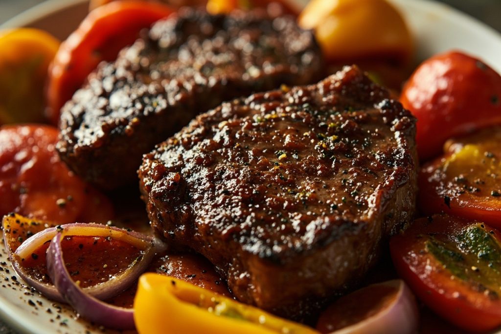 Говяжьи стейки с перцем и луком в аэрогриле