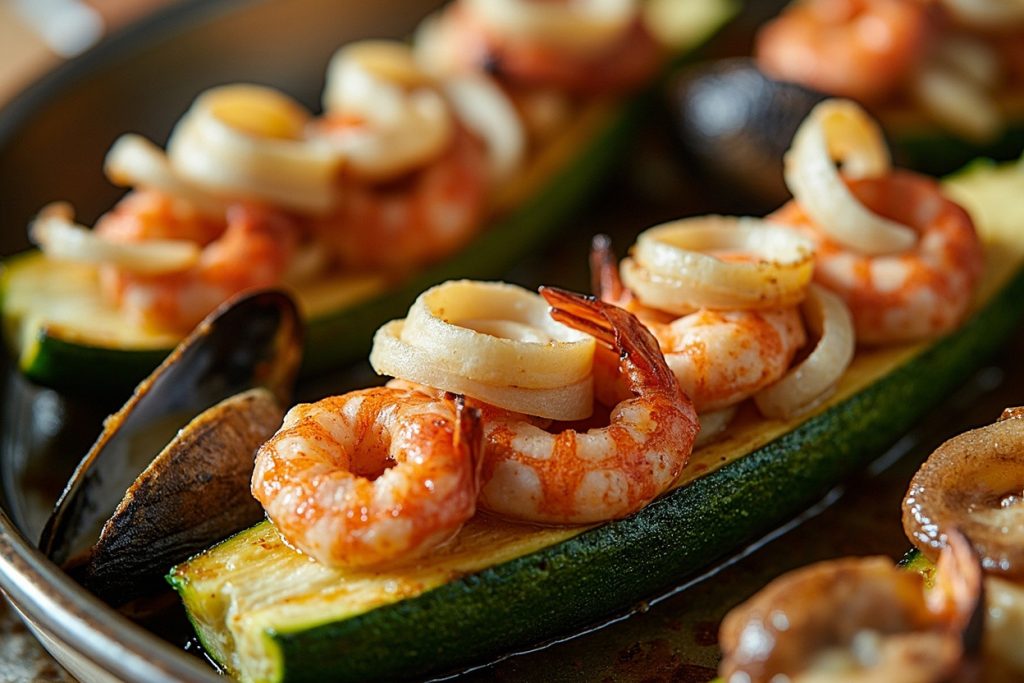 Запеченные кабачки с морепродуктами