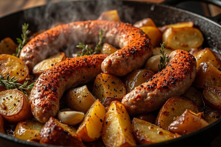 Мясные колбаски с картофелем и луком