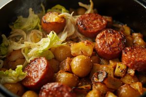 Капуста с колбасой и картофелем в аэрогриле