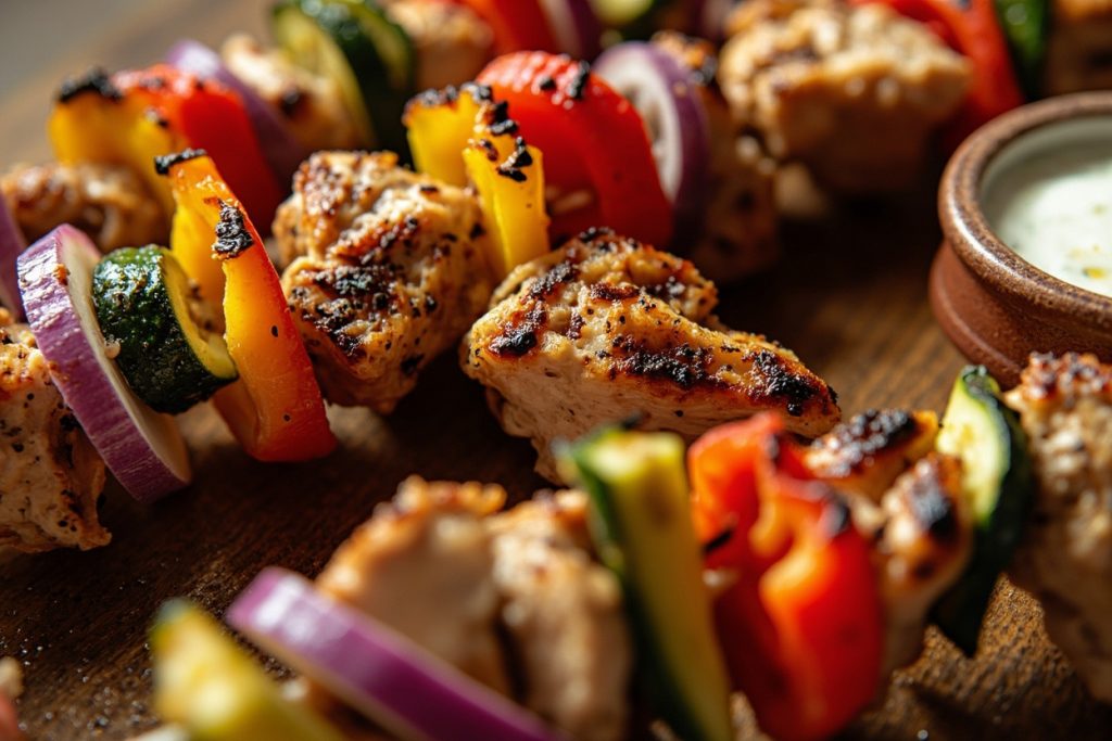 Куриные шашлыки с овощами и соусом